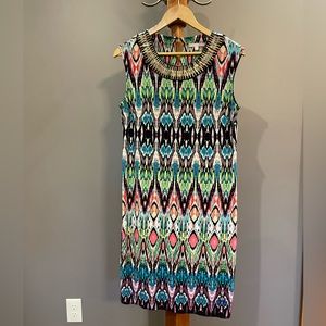 Signature Camryn Sleeveless Multi Colored Print, Jeweled Neckline Size 12 Dress